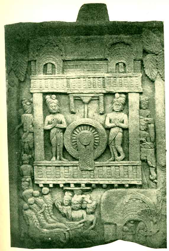 King Pasenadi in his Chariot. Avove is the Wheel of the Law.
