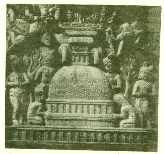 Fig. 15 A stupa as carved on the bas-reliefs.  [From Cunningham's Stupa of Bharhut. Pl. xxxi.]