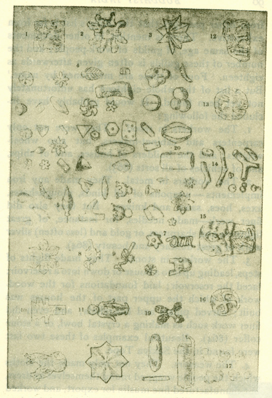 Fig. 17 Specimens of ancient jewelry found in the Sakiya tope. [From J.R.A.S., 1898.]