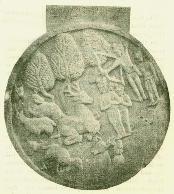 Fig. 35 The Banyan Deer Jataka Story. [Three episodes on one bas-relief.]